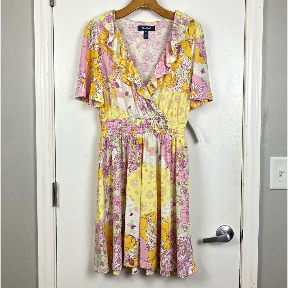 ModCloth Floral Patchwork Ruffle Wrap Mini Dress Pink Yellow Medium Retro sz M